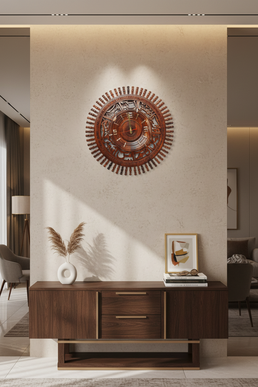 Calligraphy wall clock on a premium feature wall with console table
