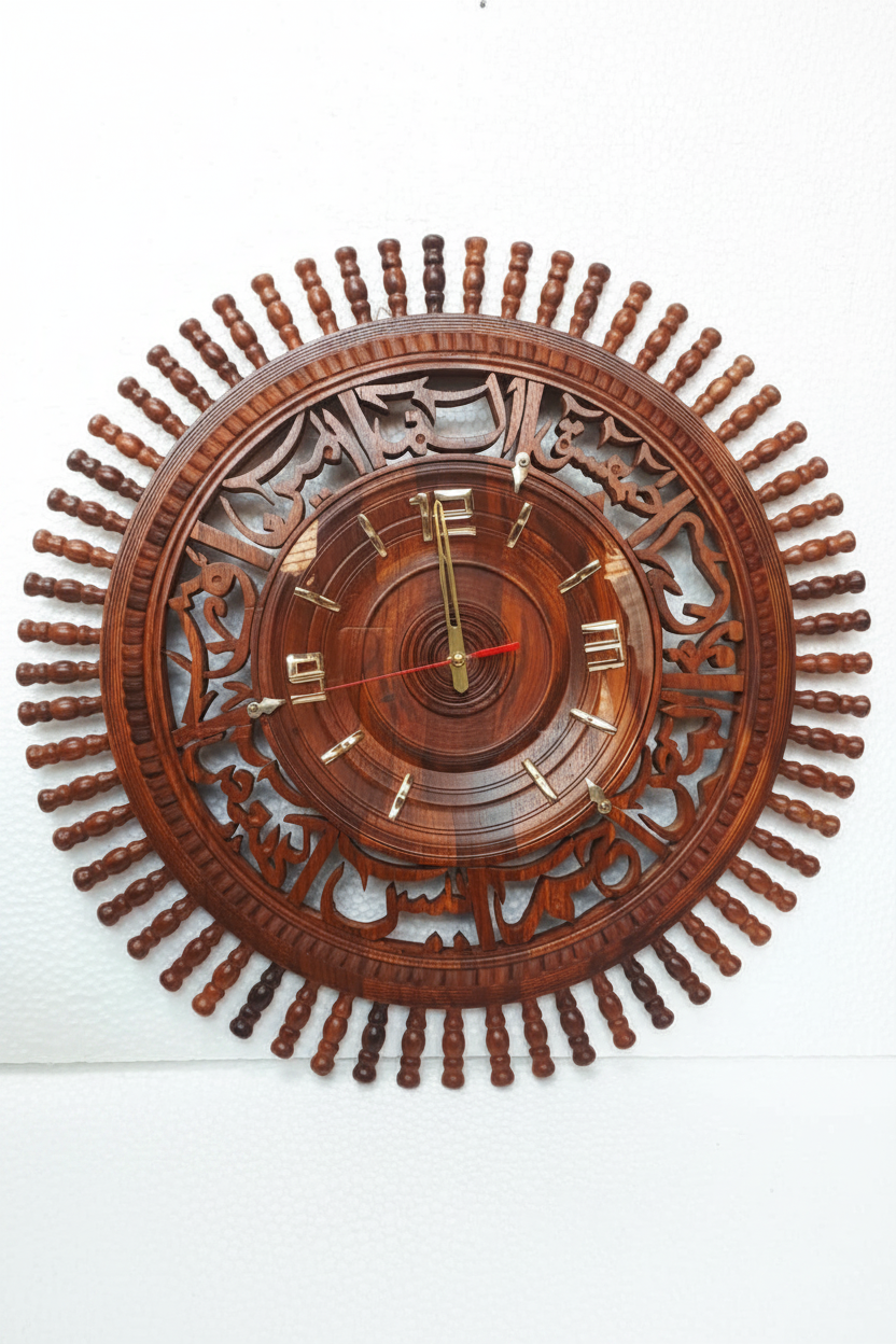 Carved Islamic calligraphy wall clock on white background with shiny premium finish