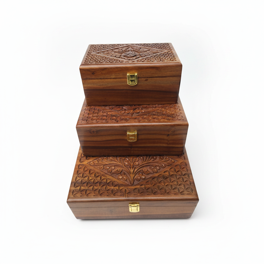 Handcrafted Wooden Jewelry Box Set – Premium Carved Wooden Storage Box with Brass Lock (Set of 3 Sizes) (Copy)