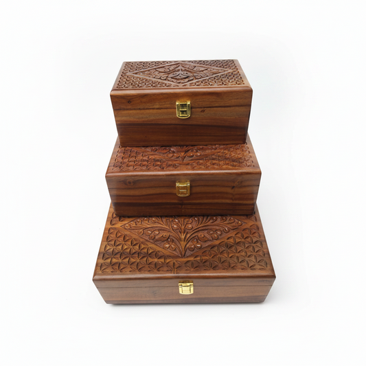 Handcrafted Wooden Jewelry Box Set – Premium Carved Wooden Storage Box with Brass Lock (Set of 3 Sizes) (Copy)