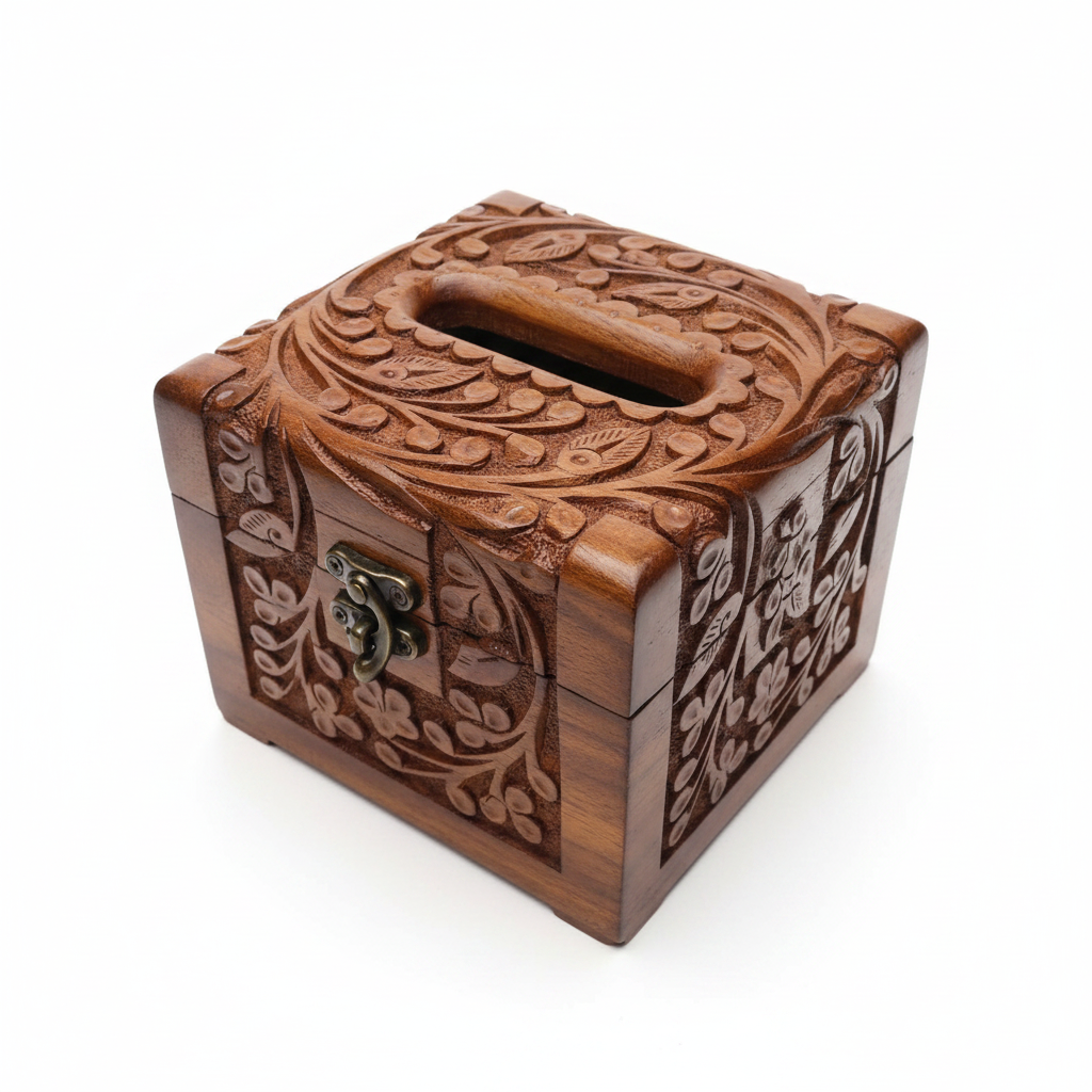 Carved wooden tissue box on white background with premium finish