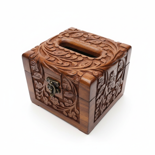 Carved wooden tissue box on white background with premium finish