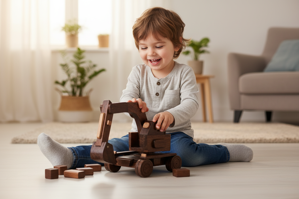 Child playing with the wooden excavator