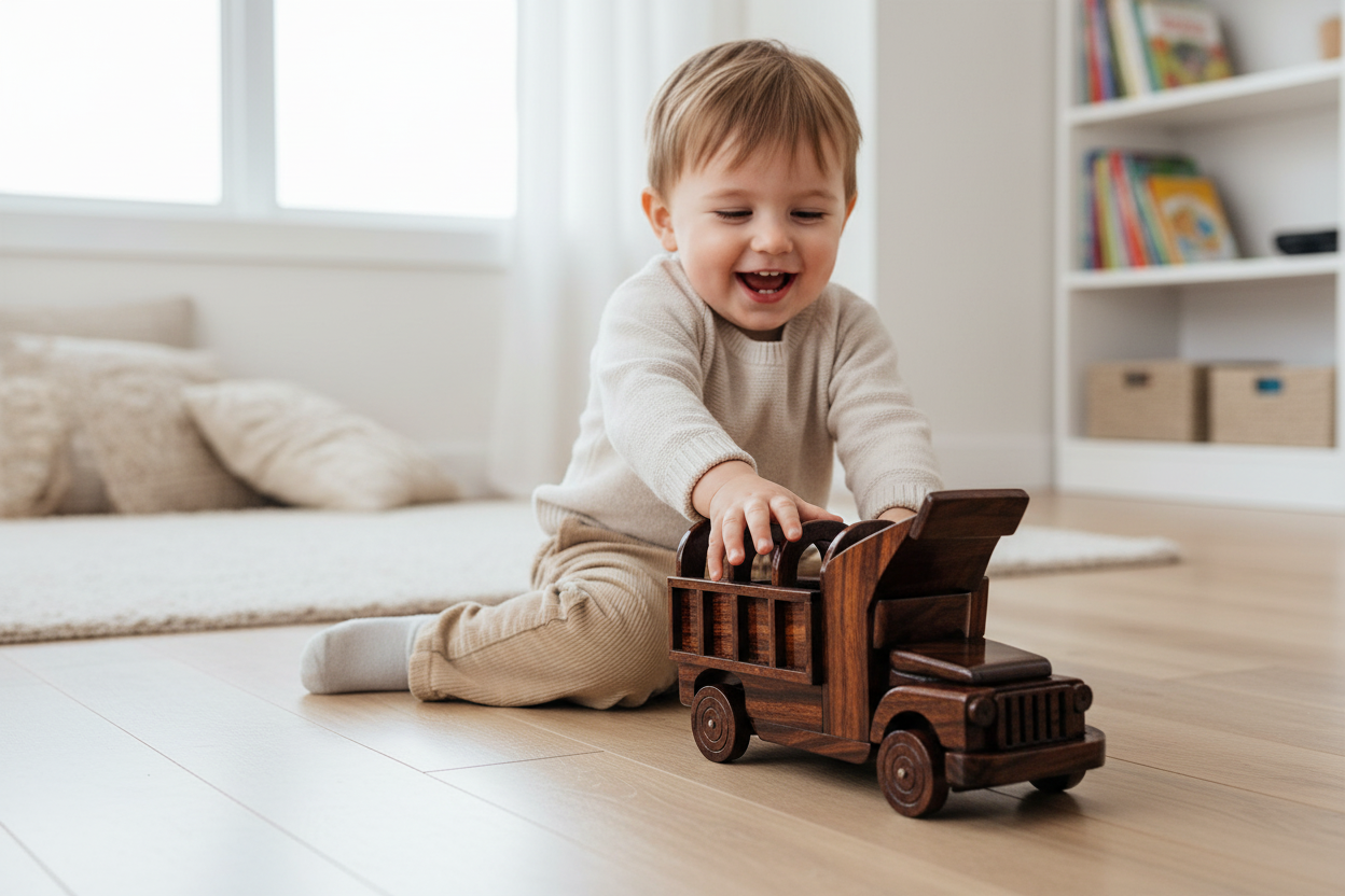 Child playing with the wooden toy truck