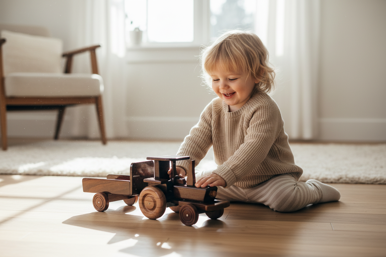 Child playing with the wooden tractor-trolley