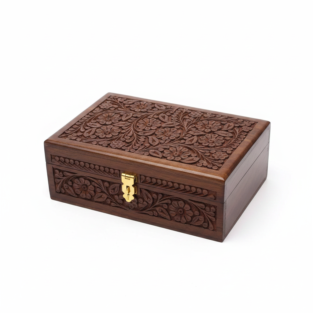 Handcrafted Wooden Jewelry Box with Red Velvet Interior – Premium Carved Wooden Storage Box with Lock | Luxury Jewelry Organizer