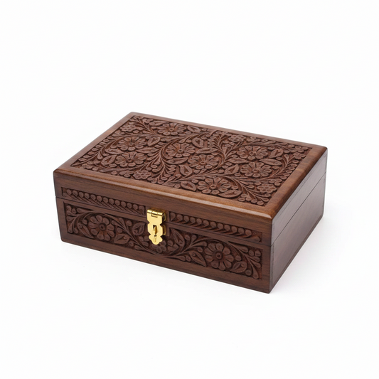 Handcrafted Wooden Jewelry Box with Red Velvet Interior – Premium Carved Wooden Storage Box with Lock | Luxury Jewelry Organizer