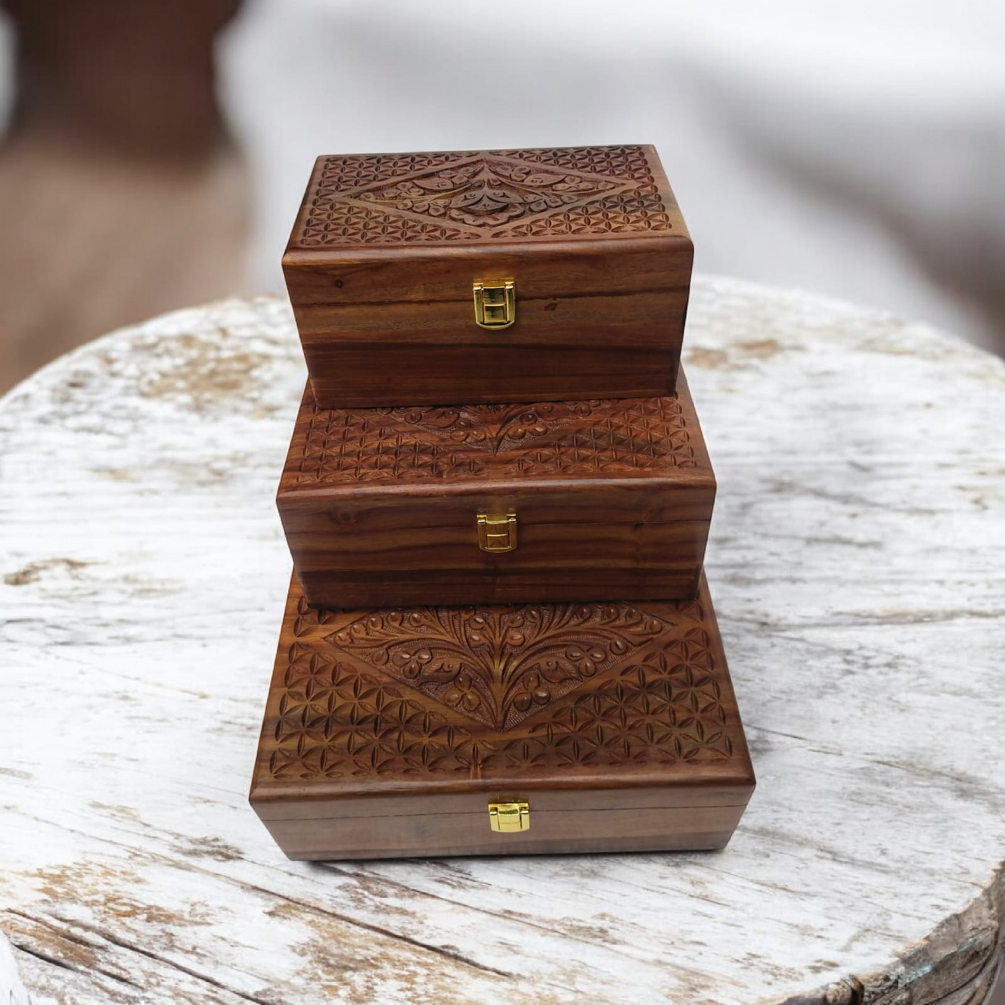 Handcrafted Wooden Jewelry Box Set – Premium Carved Wooden Storage Box with Brass Lock (Set of 3 Sizes) (Copy)