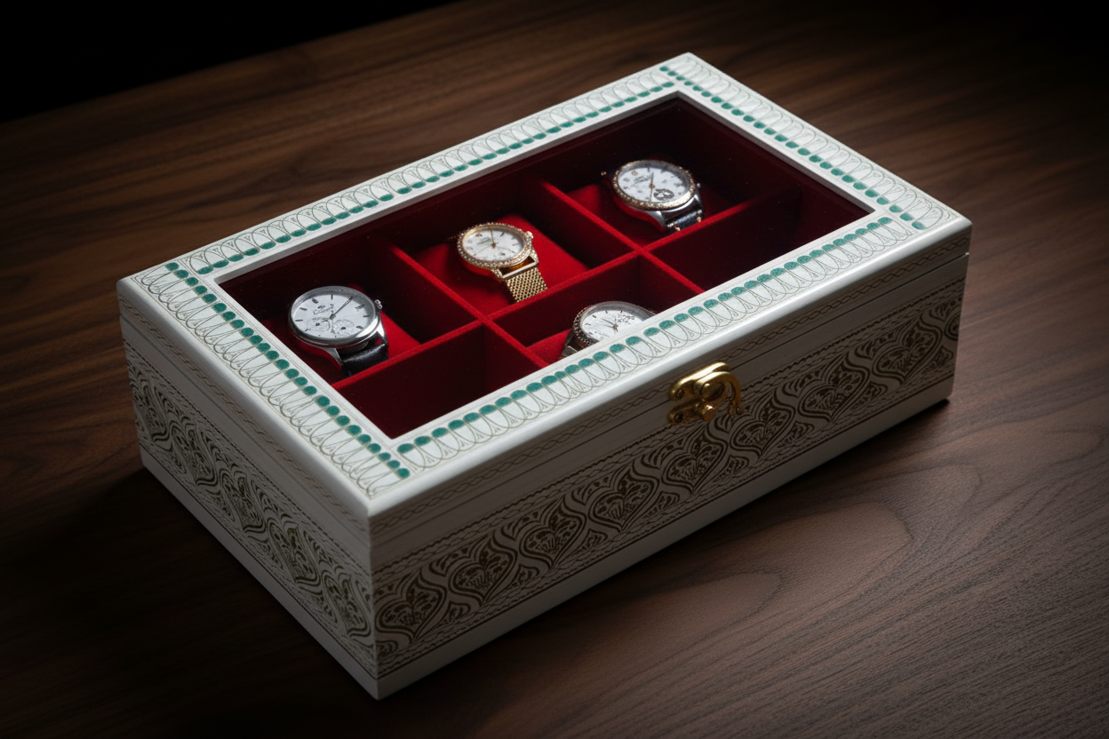 Luxury 6-Slot Wooden Watch Storage Box with Glass Display Lid – Premium Watch Organizer Case