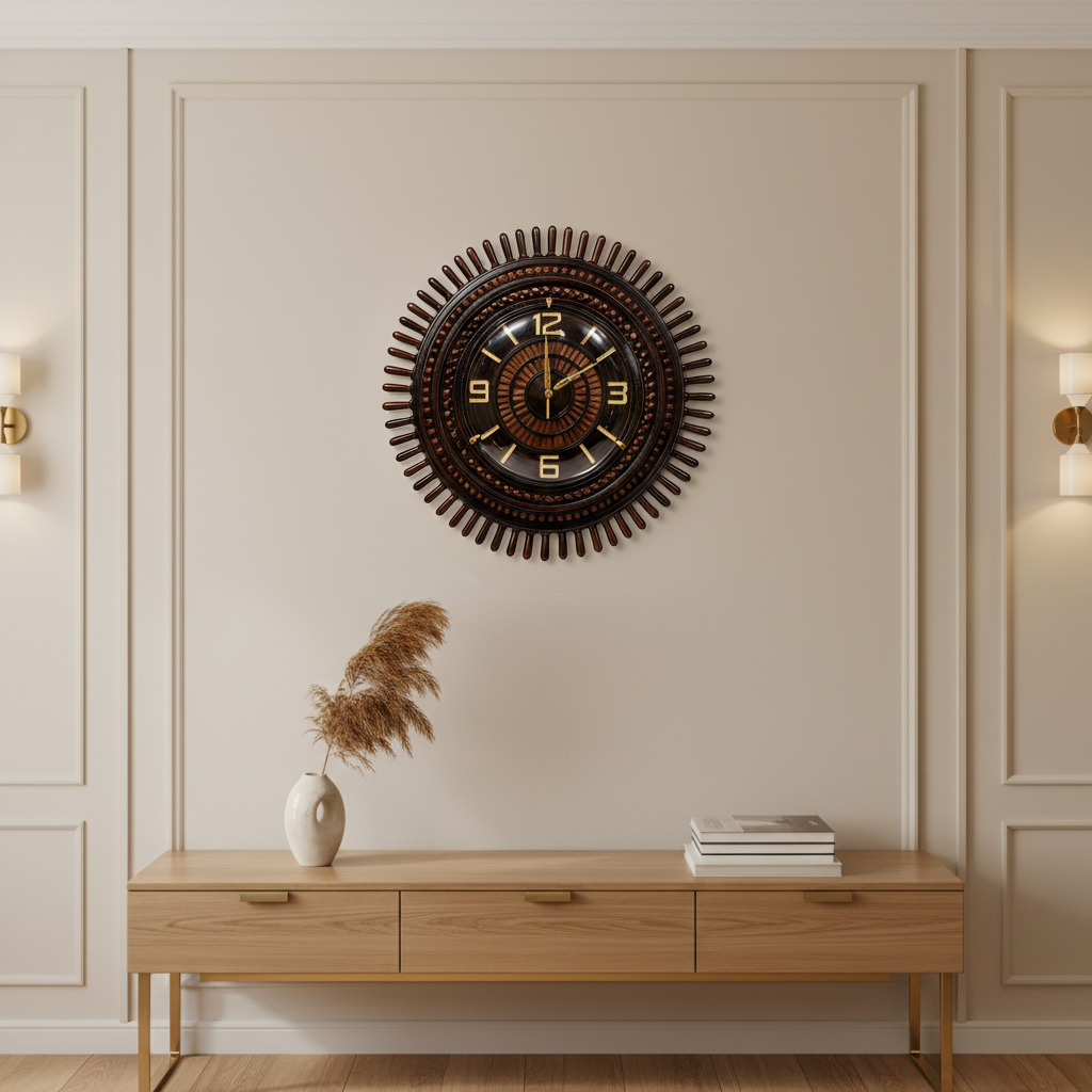 Sunburst wall clock mounted on a premium living room wall