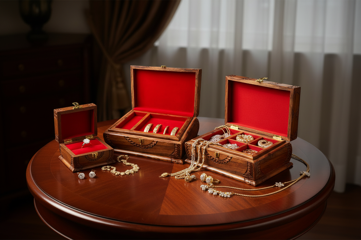Handcrafted Wooden Jewelry Box Set – Premium Carved Storage Boxes with Velvet Interior