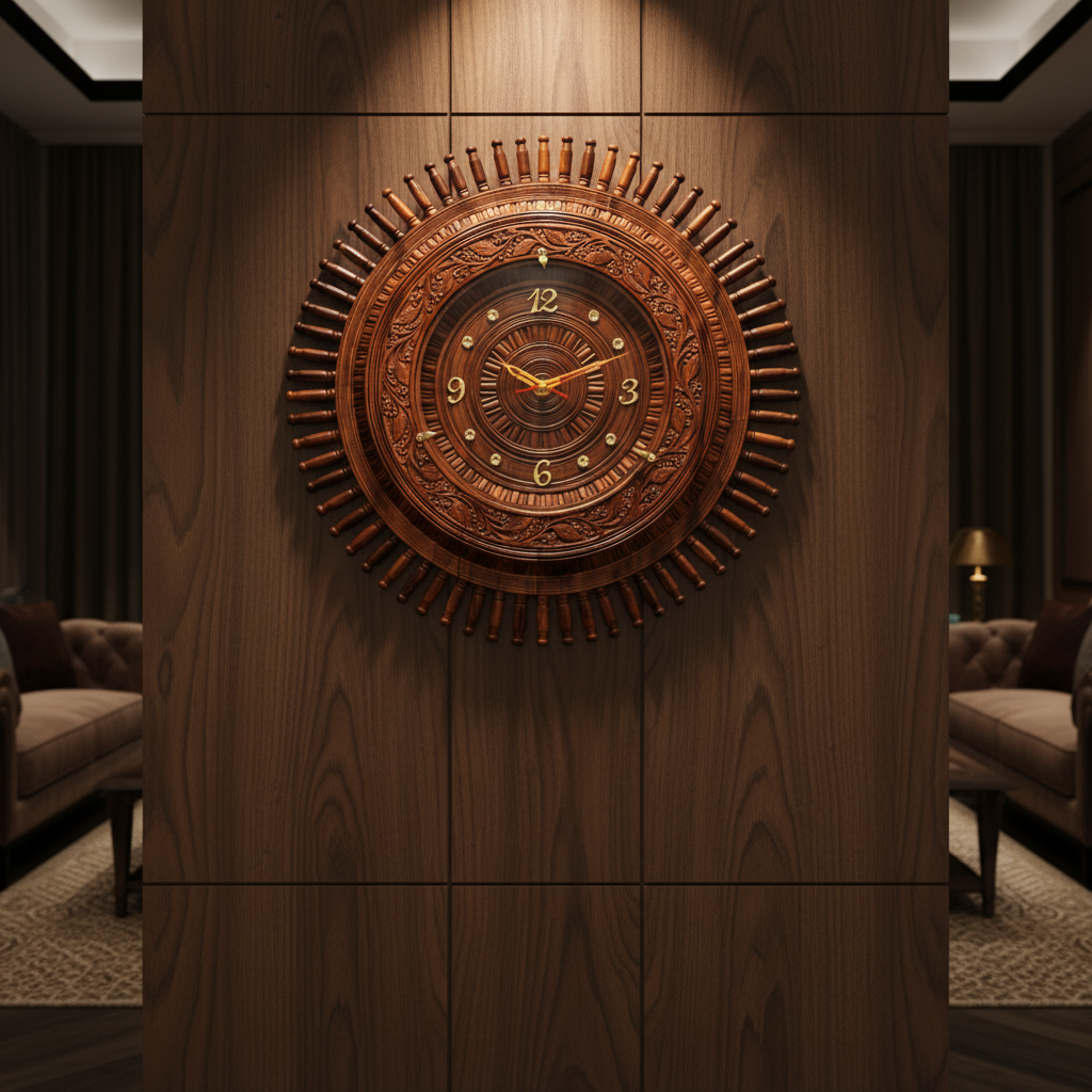 Handcrafted Wooden Wall Clock – Premium Carved Decorative Wall Clock for Living Room, Office & Home Décor