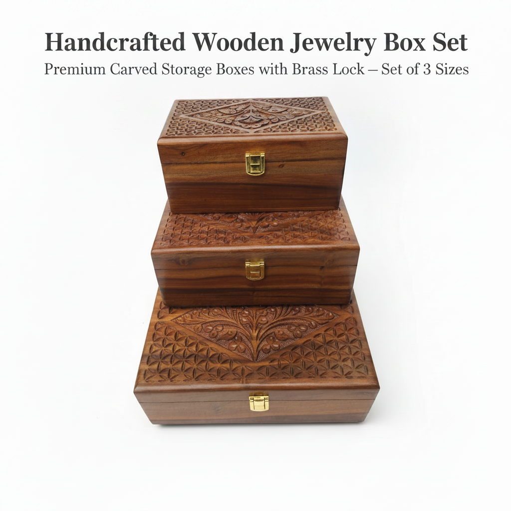 Handcrafted Wooden Jewelry Box Set – Premium Carved Wooden Storage Box with Brass Lock (Set of 3 Sizes) (Copy)